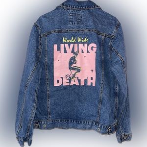 Large Unisex Blue BDG Jean Jacket With Pink Design On The Back